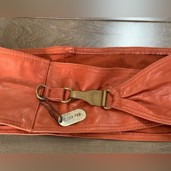 Calvin Klein Collection Accessories - Vintage Calvin Klein calf-skin leather belt, brass buckle clasp, 27” waist.